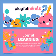 Dual horizontal banner pair with playful characters and typography flat cartoon