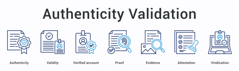 Authenticity validation banner web icon confirms validity through verified proof and evidence with attestation and vindication.