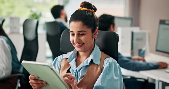 Media agency, tablet and woman with smile, internet and copywriting with story planning. Person, publication and journalist in workplace, team and typing with magazine editor, column and blog website
