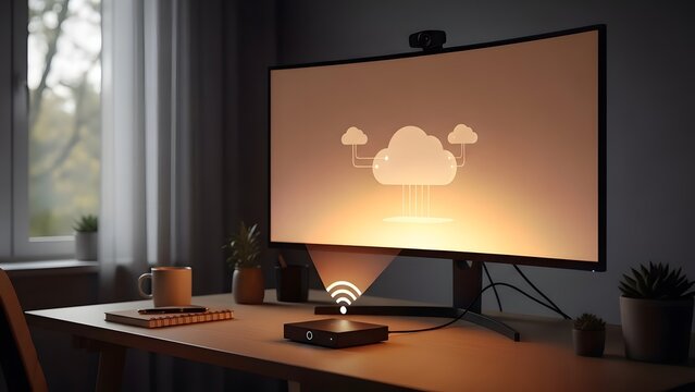 Home office desk showing personal computer with cloud computing icon and streaming device for remote work and internet connection concept.