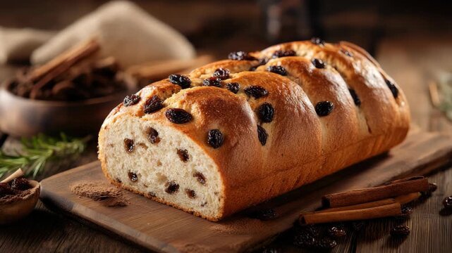 Freshly baked loaf of bread with raisins on wooden board surrounded by cinnamon sticks