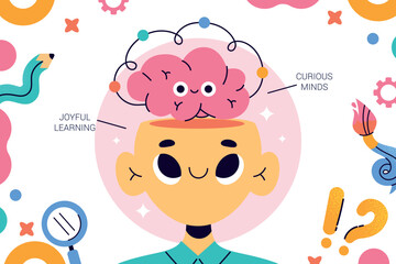 Imaginative child brainstorming composition with icons cartoon style