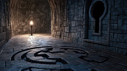 An ancient, dimly lit stone corridor with rough-hewn walls and a patterned floor. A single lamp casts a warm glow, illuminating a large keyhole-shaped opening i