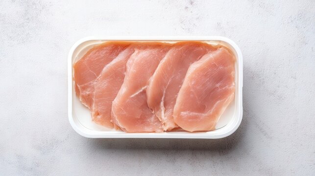 Fresh raw pork escalopes in a white tray on a white isolated background. Generative AI