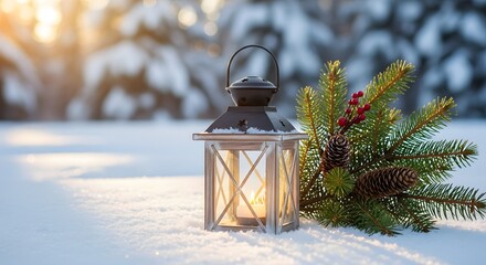 Rustic lantern glows on snow beside pinecones berries and evergreen branches in peaceful winter scene