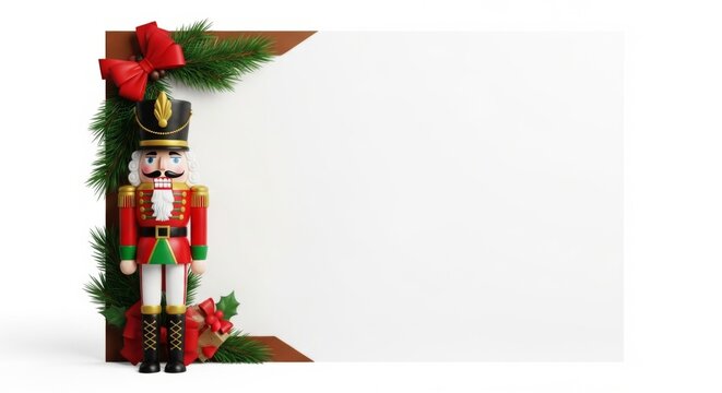 Ein festlicher Nussknacker steht neben einem dekorierten Rahmen aus Tannenzweigen und roter Schleife und bietet gro&szlig;z&uuml;gigen Platz f&uuml;r weihnachtliche Texte. Generative KI