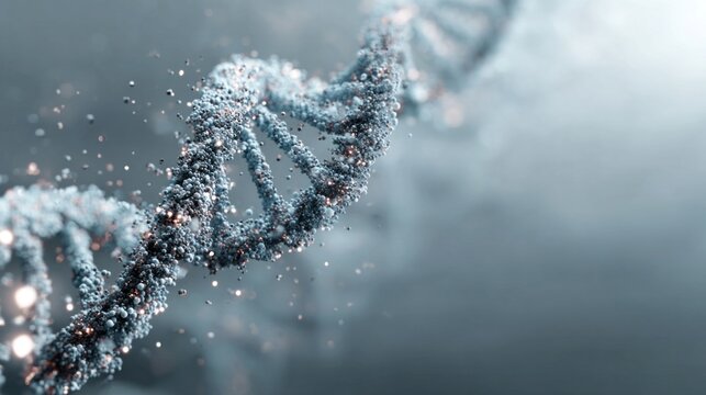 A close-up view of a twisting DNA double helix reveals its intricate structure. Sparkling particles surround the strands, creating a mesmerizing abstract effect