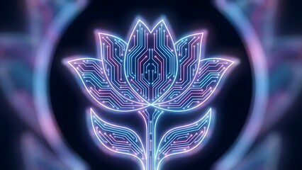 Digital neon flower with circuitry petals and glowing nodes, creating a futuristic eco-tech aesthetic ideal for AI, tech, UX design and sustainability-themed visuals.

