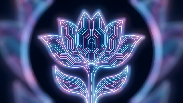 Digital neon flower with circuitry petals and glowing nodes, creating a futuristic eco-tech aesthetic ideal for AI, tech, UX design and sustainability-themed visuals.

