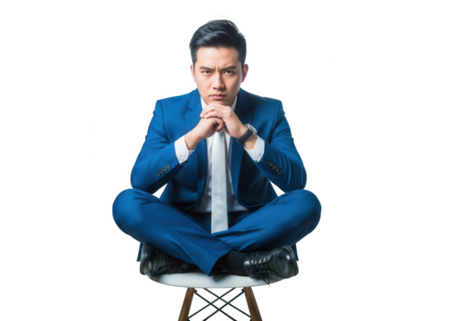 Man in blue suit sitting cross legged on a chair with hands clasped tight