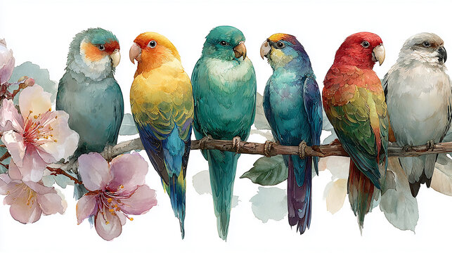 A colorful illustration of seven parrots perched on a branch with pink flowers, showcasing various vibrant colors and species