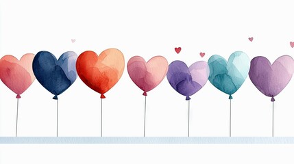 A row of colorful heart-shaped balloons, rendered in a watercolor style, are displayed against a clean white background. The balloons vary in color from pink an
