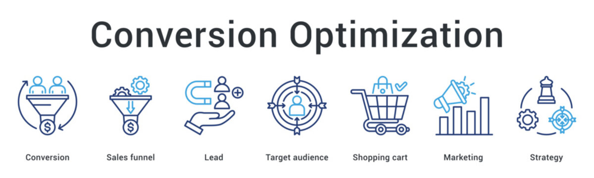 Conversion optimization banner web icon develops sales funnel from lead to target audience shopping cart through marketing strategy.