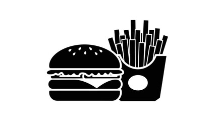 Burger and fries icon, a classic fast food meal, simple black and white illustration.