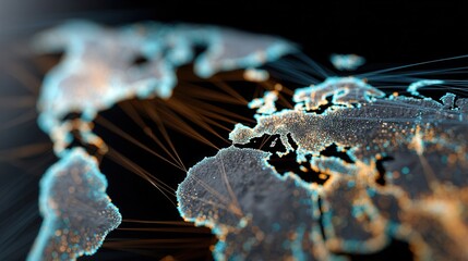 Neon lines and glowing nodes form a stunning depiction of a world map highlighting connections across continents and major cities at night