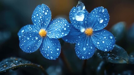 Two vibrant blue flowers with water droplets shining in soft light during early morning - Powered by Adobe