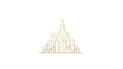 Elegant golden line art illustration of a city skyline with a cross on top.