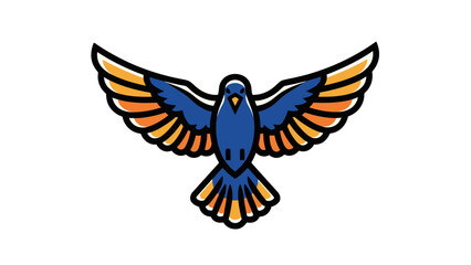 Fototapeta premium Stylized illustration of a blue and orange bird with wings spread wide, depicted in a clean, symmetrical logo style.