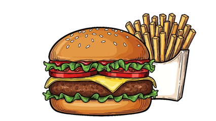 Illustration of a burger with lettuce, tomato, cheese, and a side of french fries.