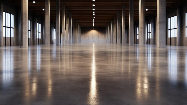 Modern warehouse featuring polished concrete floor and spacious interior design for versatile uses and activities ideal for storage or industrial purposes