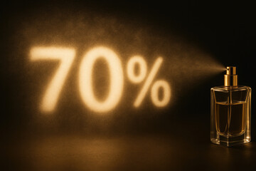 Perfume bottle sprays mist forming 70 percent on dark background