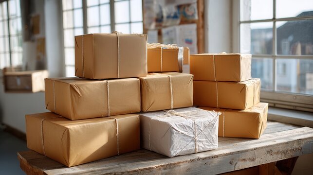 Parcels stacked and ready for quick dispatch in a bright warehouse during the day