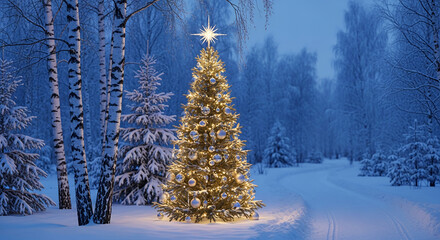 Illuminated Christmas tree in snowy forest. A bright star sits atop, symbolizing festive holiday celebration, nature's winter season beauty and peaceful scene