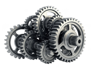 Interlocking metal gears mechanism isolated on transparent background