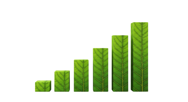 Green leaf textured bars showing upward growth trend, isolated on a transparent background, cutout, PNG