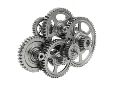 Interlocking metal gears mechanism isolated on transparent background