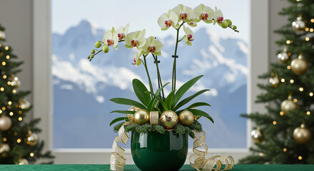 Holiday orchid plant arrangement with festive decorations indoors  