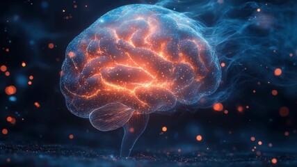 Conceptual visualization of a glowing human brain surrounded by abstract light trails and particles - Powered by Adobe