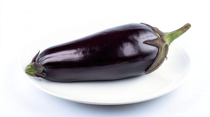 Fresh raw eggplant on a white plate isolated on white background. Generative AI