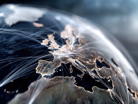 Glowing network routes illuminate cargo connections across Europe showcasing global trade and logistics in an interconnected world