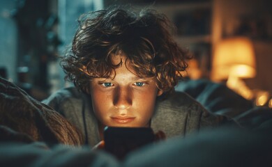 Young boy using smartphone in bed at night