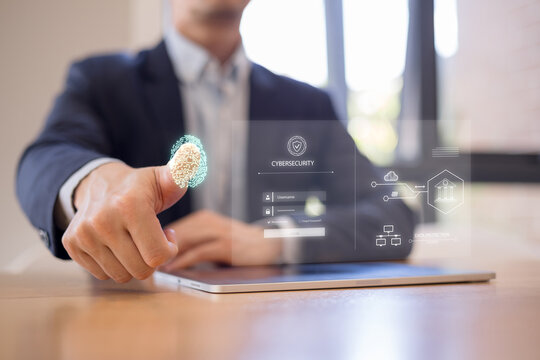 Businessman using fingerprint biometric authentication on futuristic login interface, representing cybersecurity, digital identity, secure access, data protection advanced technology in business. - Powered by Adobe