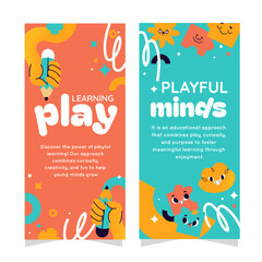 Collection of vertical banners with playful icons and learning theme flat cartoon