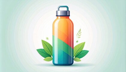 Eco-Friendly Reusable Water Bottle Illustration with Green Leaves &mdash; Sustainable Lifestyle Concept