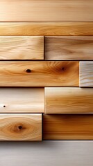 A close-up, abstract view of stacked wooden planks with visible grain patterns and knots, illuminated by warm, soft light.