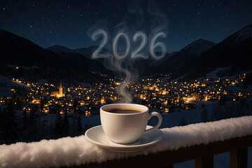 Hot coffee sits on a snowy railing with a view of a twinkling town at night in 2026