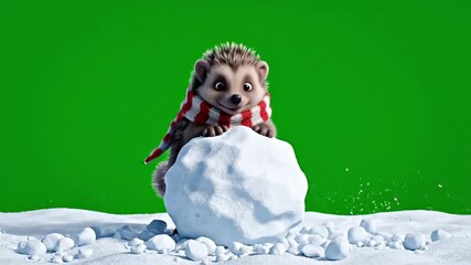 Cute hedgehog wearing a scarf rolls a snowball in the snow - Powered by Adobe