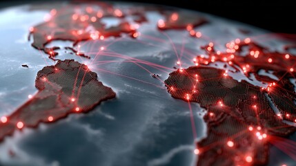 Glowing connections on world map showcasing global networks and data flow across continents and oceans