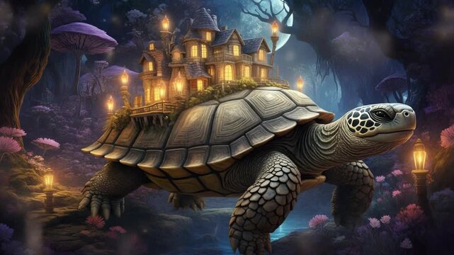 Fantasy turtle with lit buildings on shell