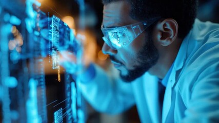Scientist analyzes digital data with futuristic technology in a high-tech laboratory setting - Powered by Adobe
