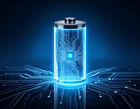 Glowing battery with circuit board, neon blue on dark background
