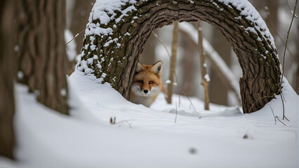 A wild fox peeking out from a snowy forest