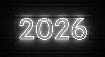 Illuminated "2026" numeric digits against dark brick wall, symbolizing upcoming year, future prospect, modern date for banner concept