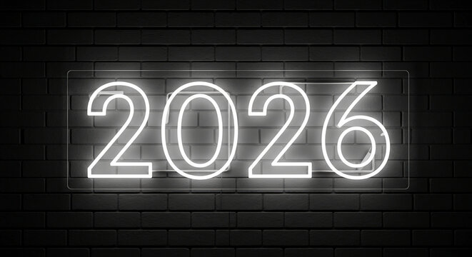 Illuminated "2026" numeric digits against dark brick wall, symbolizing upcoming year, future prospect, modern date for banner concept