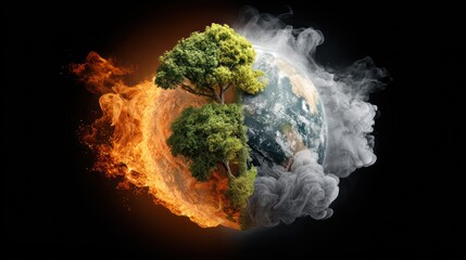 Planet Earth in Crisis: Digital Art of Climate Change, Half Green Forest, Half Burning Fire