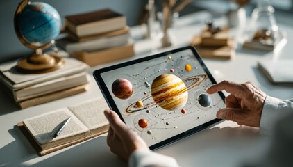 Person learning astronomy with tablet viewing solar system